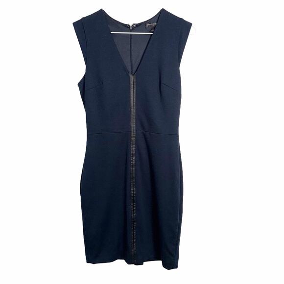 Banana Republic Sheath Dress Women’s 0 Navy V‑Neck Faux Leather Trim Workwear - Picture 2 of 13